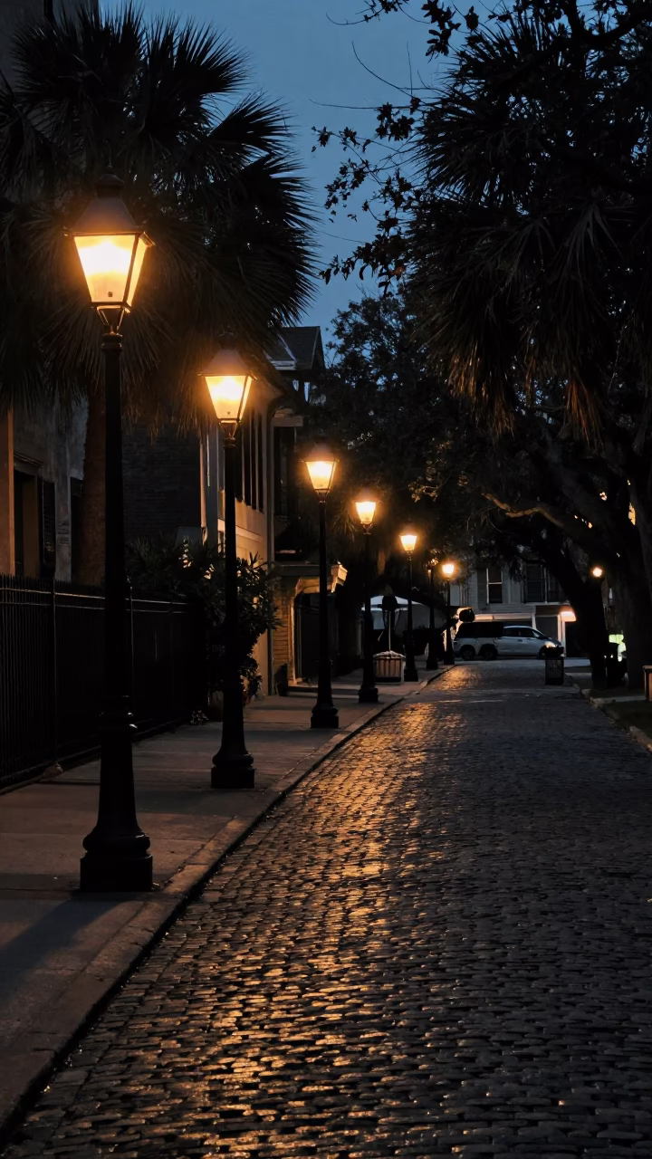 Lamps Reflecting in Charleston at The Predawn Darkness Light in in Charleston, South Carolina, United States