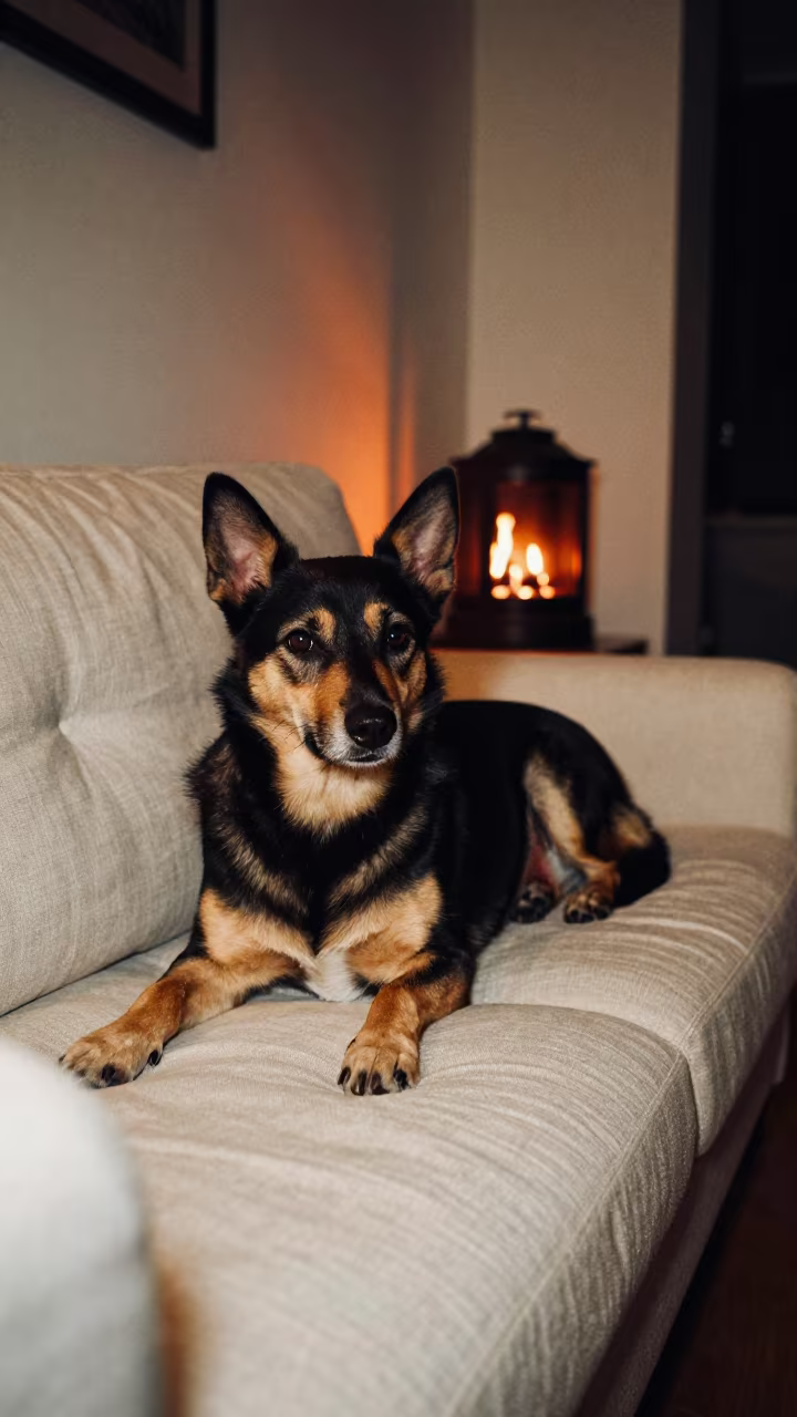 Lancashire Heeler on Linen Sofa in Abuja Firelight in on a linen sofa with daylight from a nearby window in Abuja