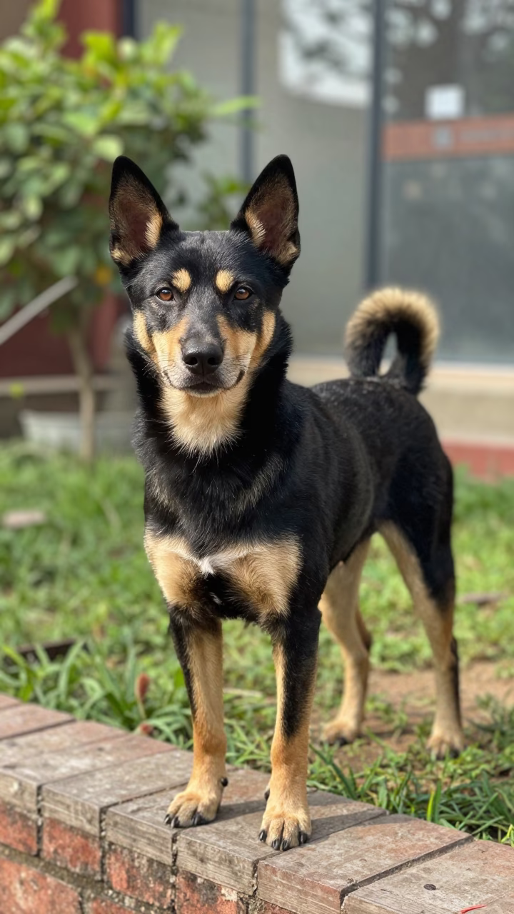 Lancashire Heeler Portrait in Bhilai Garden Morning Light in near a garden edge with soft morning light and an uncluttered background in Bhilai