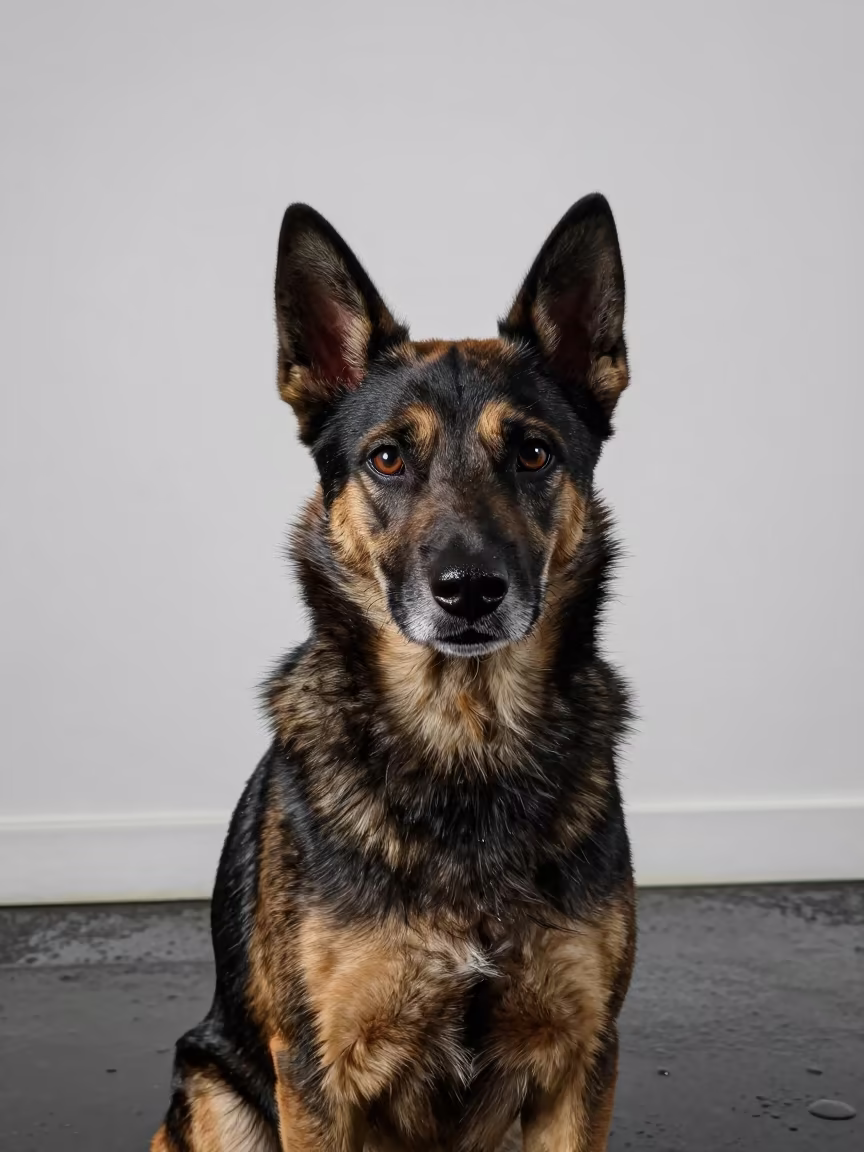 Lancashire Heeler Portrait in Neon Studio Light in in a quiet portrait studio with a plain backdrop and eye-level framing in Mira-Bhayandar