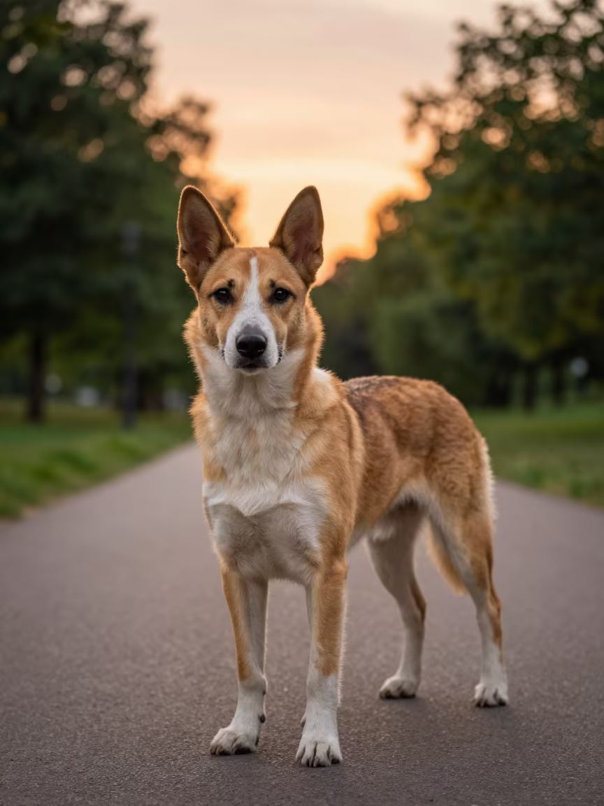 Lancashire Heeler Portrait in Olsztyn Park Sunset in along a quiet park path with soft open shade and a clean background in Olsztyn
