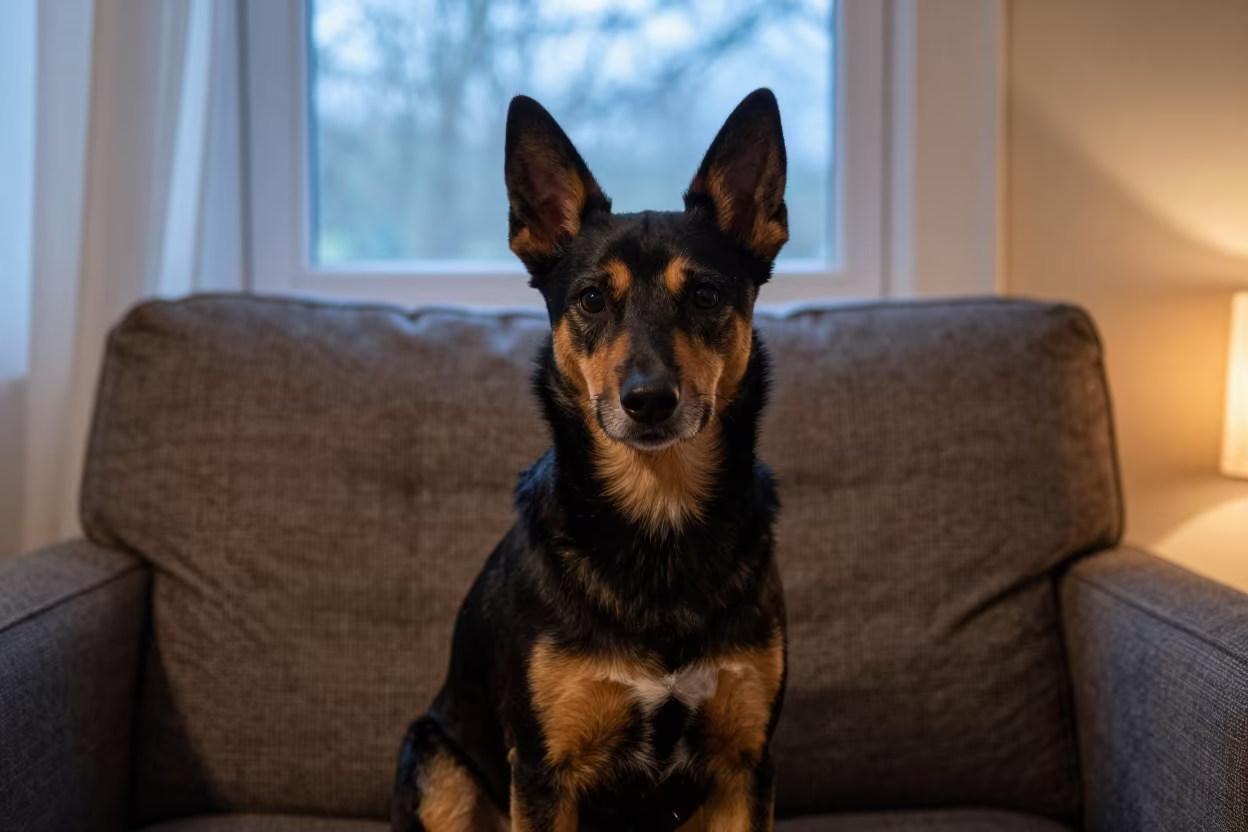 Lancashire Heeler Portrait on Sofa Near Window in on a sofa near a curtained window with calm indoor light in Tando Allahyar
