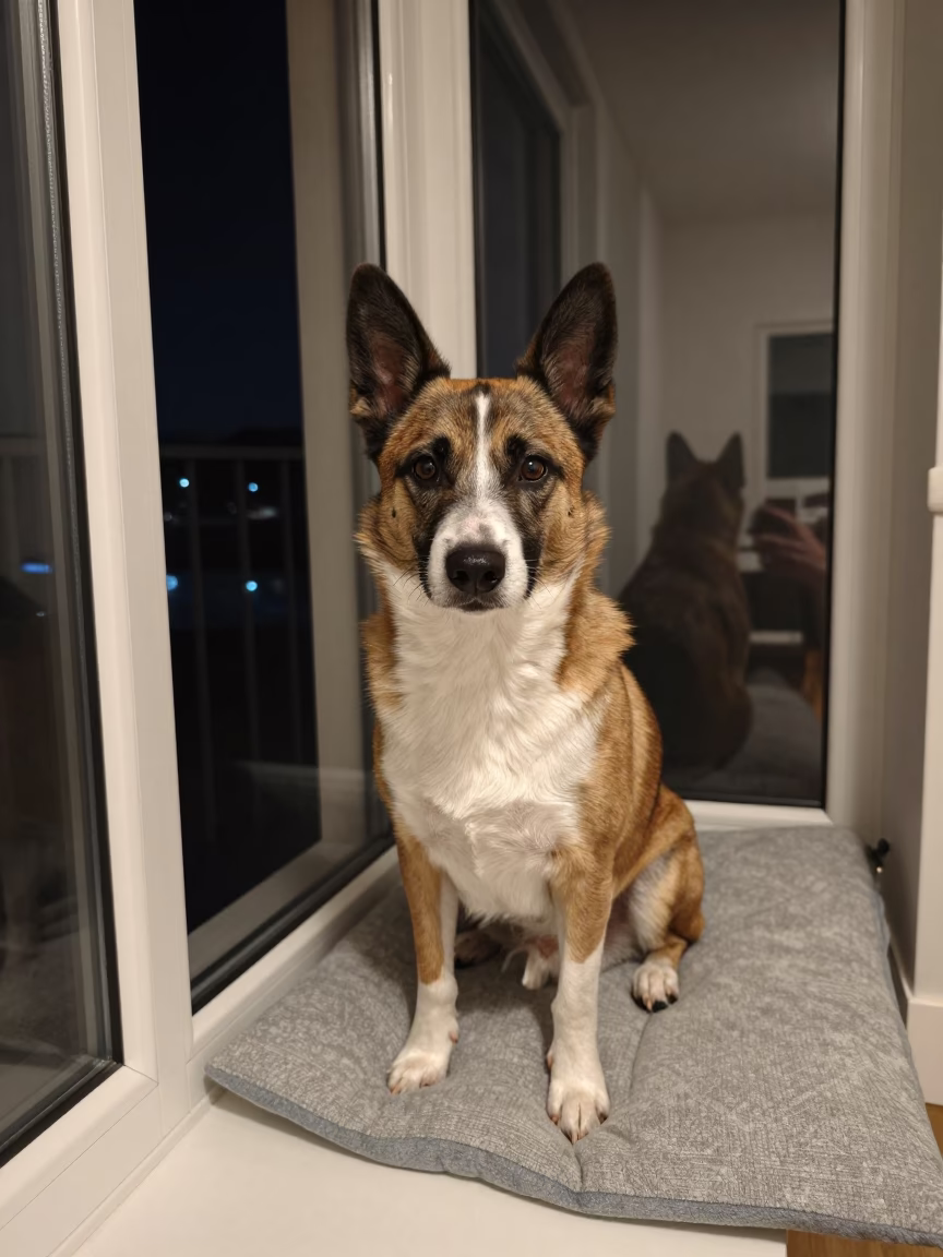 Lancashire Heeler Portrait on Window Seat Night in on a cushioned window seat with soft side light and an uncluttered background in Culiacán