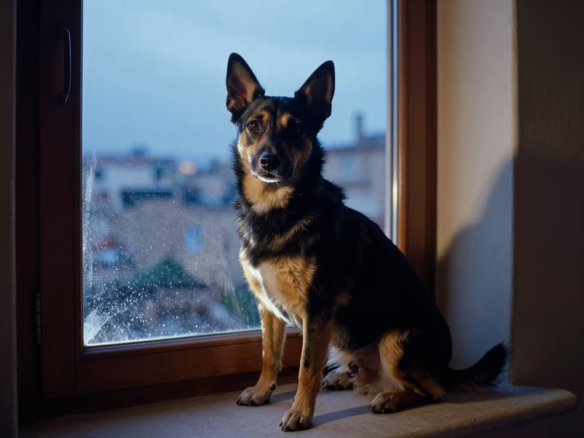 Lancashire Heeler Portrait Window Seat Evening in on a cushioned window seat with soft side light and an uncluttered background in Blida