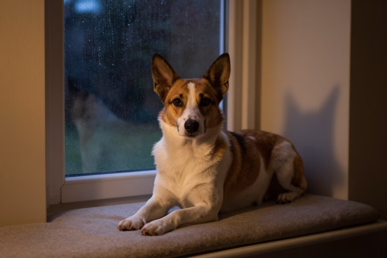 Lancashire Heeler Portrait Window Seat Spanish Town in on a cushioned window seat with soft side light and an uncluttered background in Spanish Town