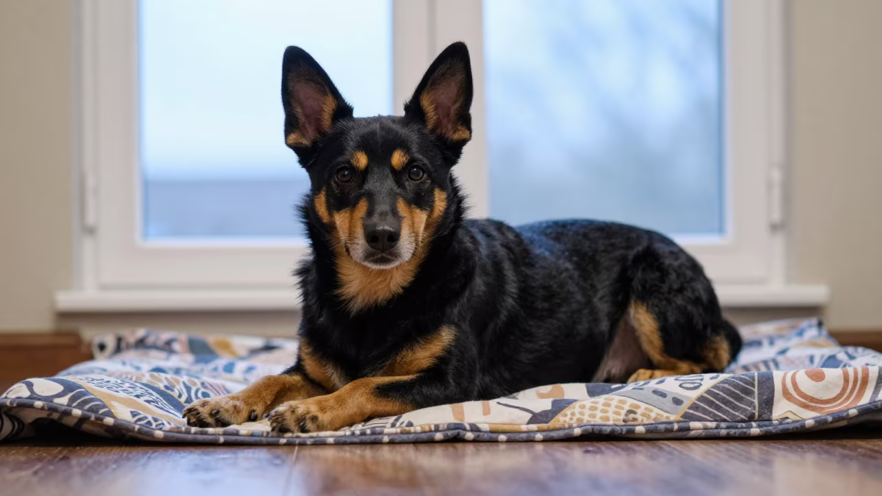 Lancashire Heeler Resting on Bedspread Near Window in on a bedspread near a bright window with calm indoor light near Nairobi