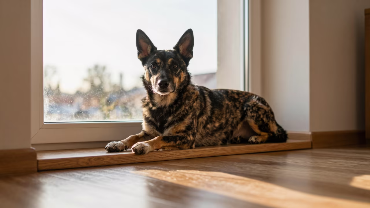 Lancashire Heeler Resting on Vilnius Window Seat in on a window seat in a quiet apartment with soft side light in Vilnius