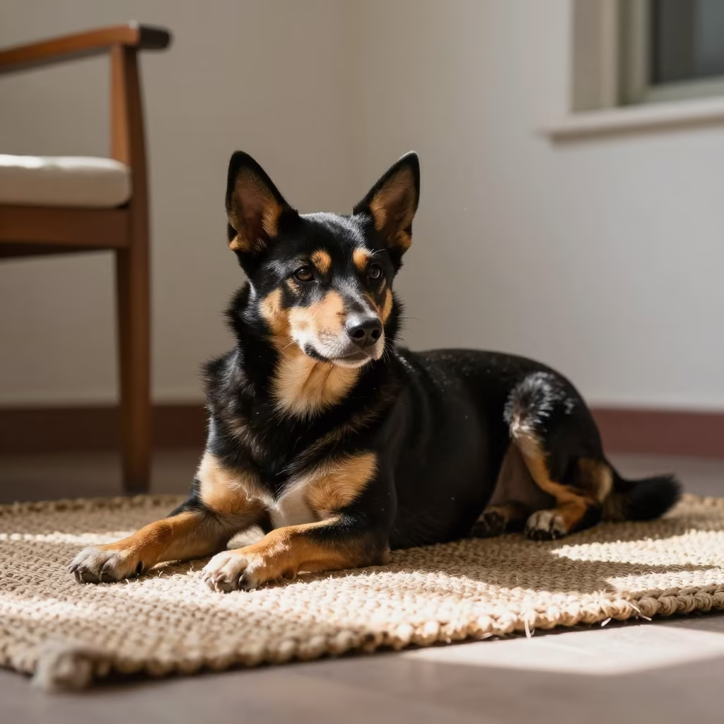 Lancashire Heeler Resting on Woven Rug in on a woven rug beside a low couch and an uncluttered wall in Lashkar Gah