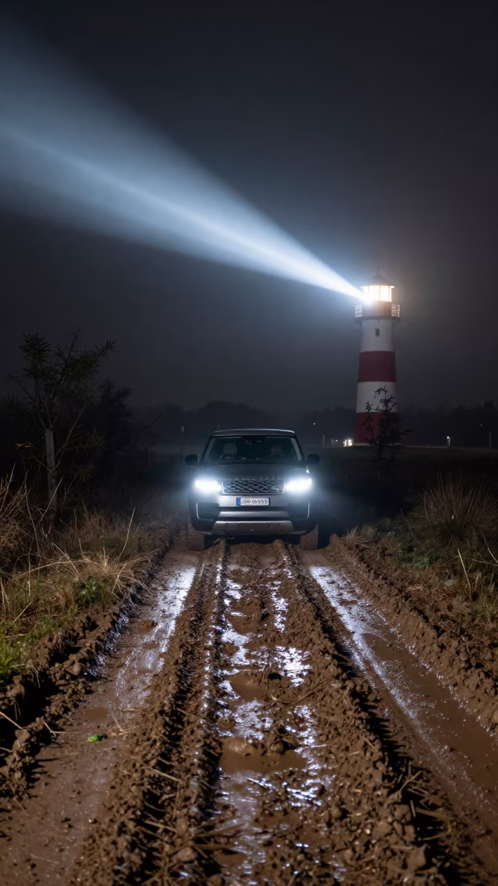 Land Rover Crosses Muddy Track at Night in on a wind-open causeway in Bavaria