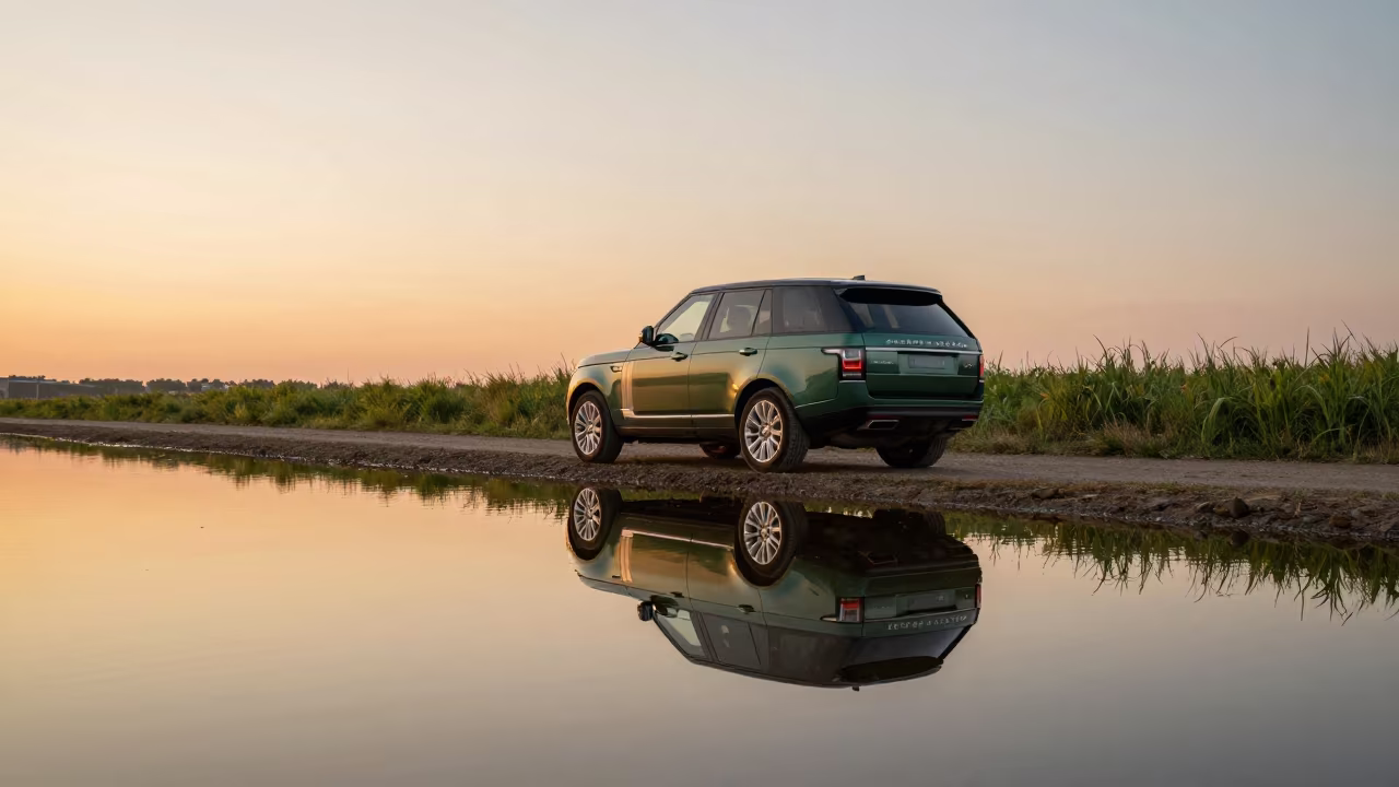Land Rover Crossing Mirror River on Lyon Causeway in on a wind-open causeway near Lyon