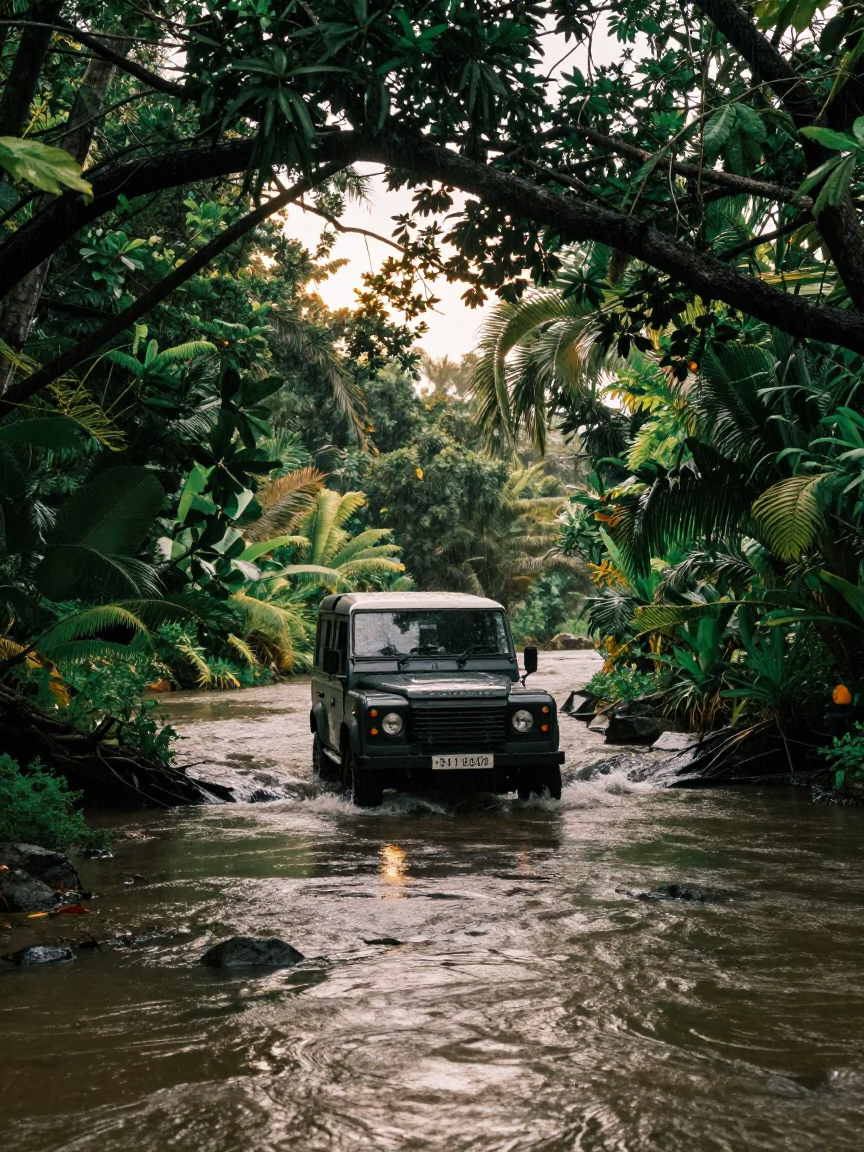 Land Rover Crossing River in Mauritius Rain in along a switchback approach in Mauritius
