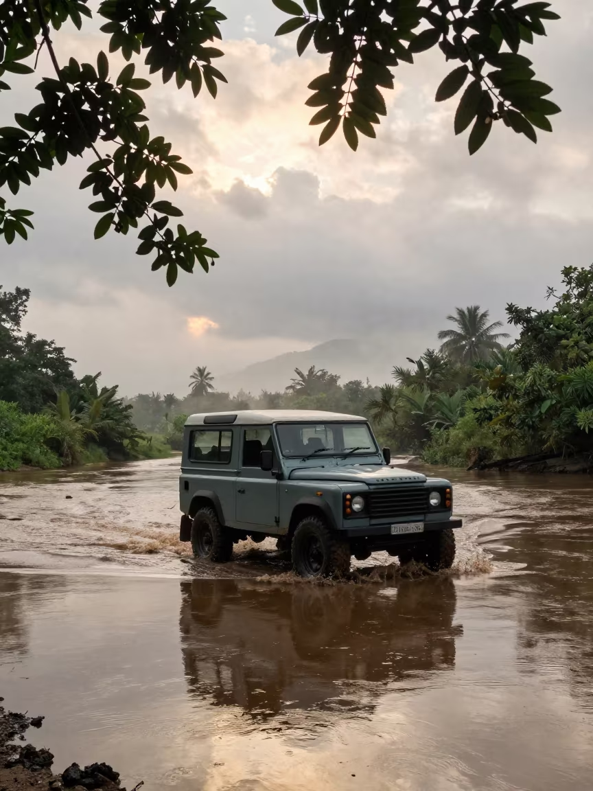 Land Rover Crossing River in Sumatran Fog in beside a fogbound harbor mouth in Sumatra