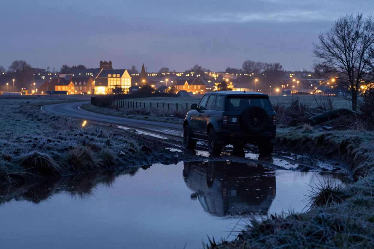 Land Rover Crossing River at Twilight in along a switchback approach near Stamford
