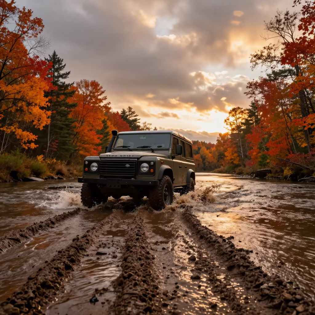 Land Rover Muddy River Crossing Autumn Sunset in across a remote ferry crossing in Michigan