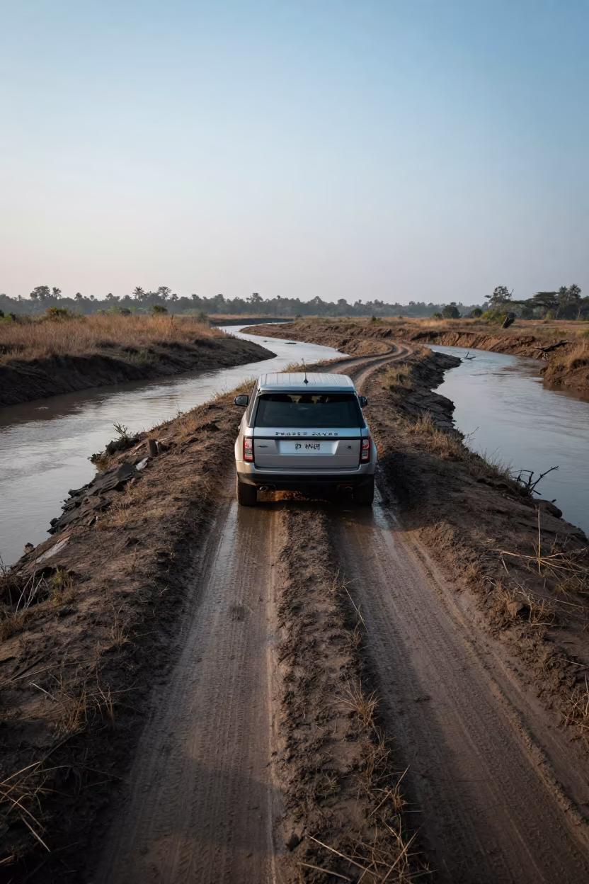 Land Rover River Crossing Dawn Indonesia in along a switchback approach in Indonesia