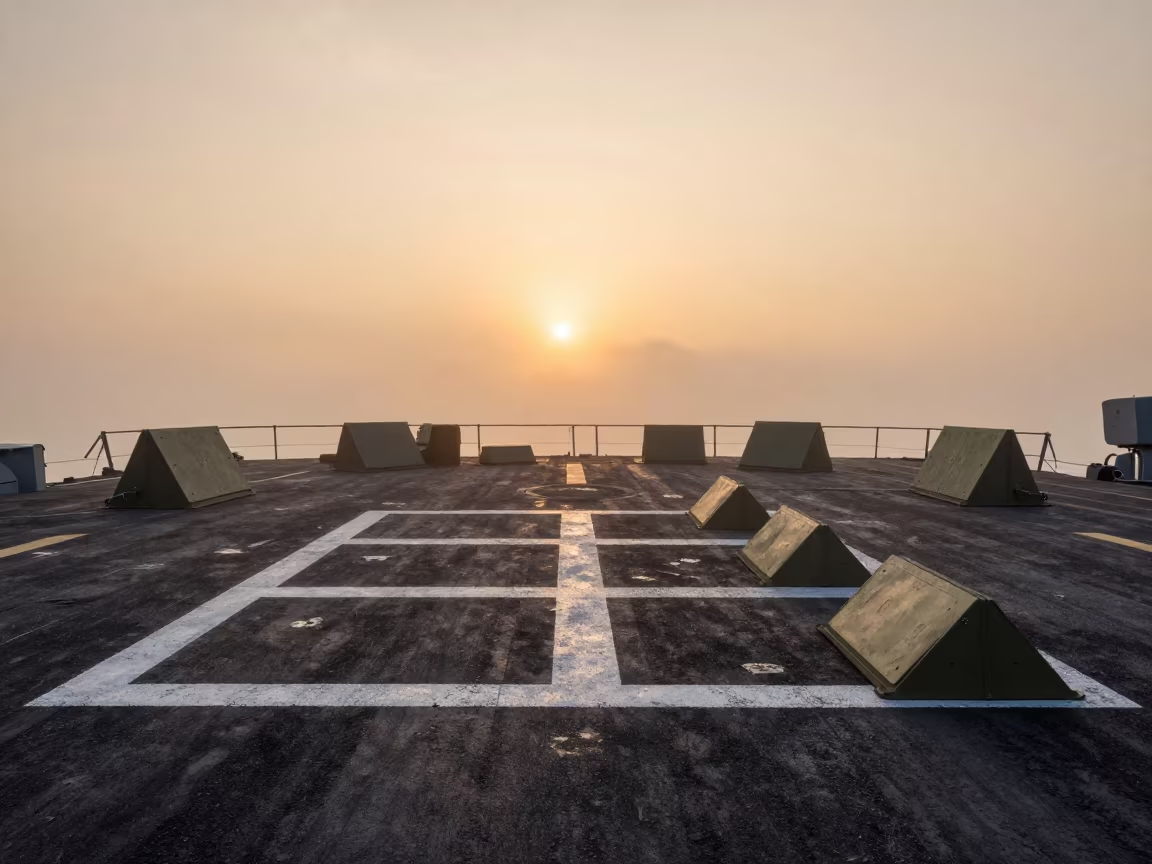 Landing Zone Kit on Naval Deck at Sunset in on a naval deck in rough wind in Tajikistan