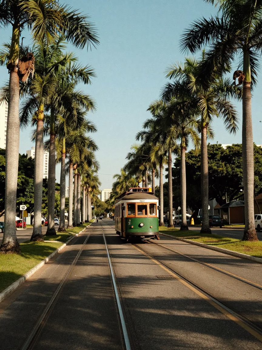 Landscape of Rio de Janeiro Brazil Late Afternoon Light Tramcar on Tree-Lined Boulevard in in Rio de Janeiro, Brazil