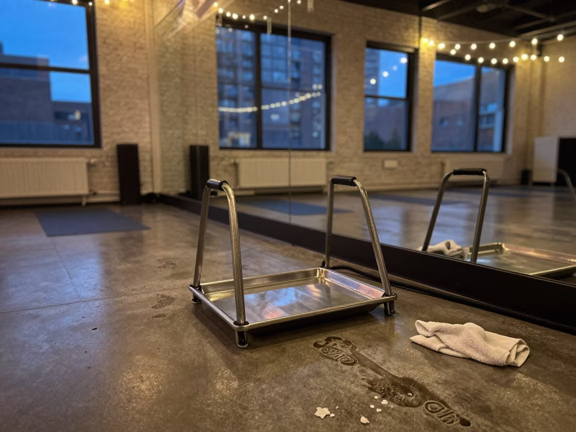 Lane Rope Handle Tray with Wet Footprints in Chicago Yoga Studio in inside a yoga studio before the session begins in Chicago