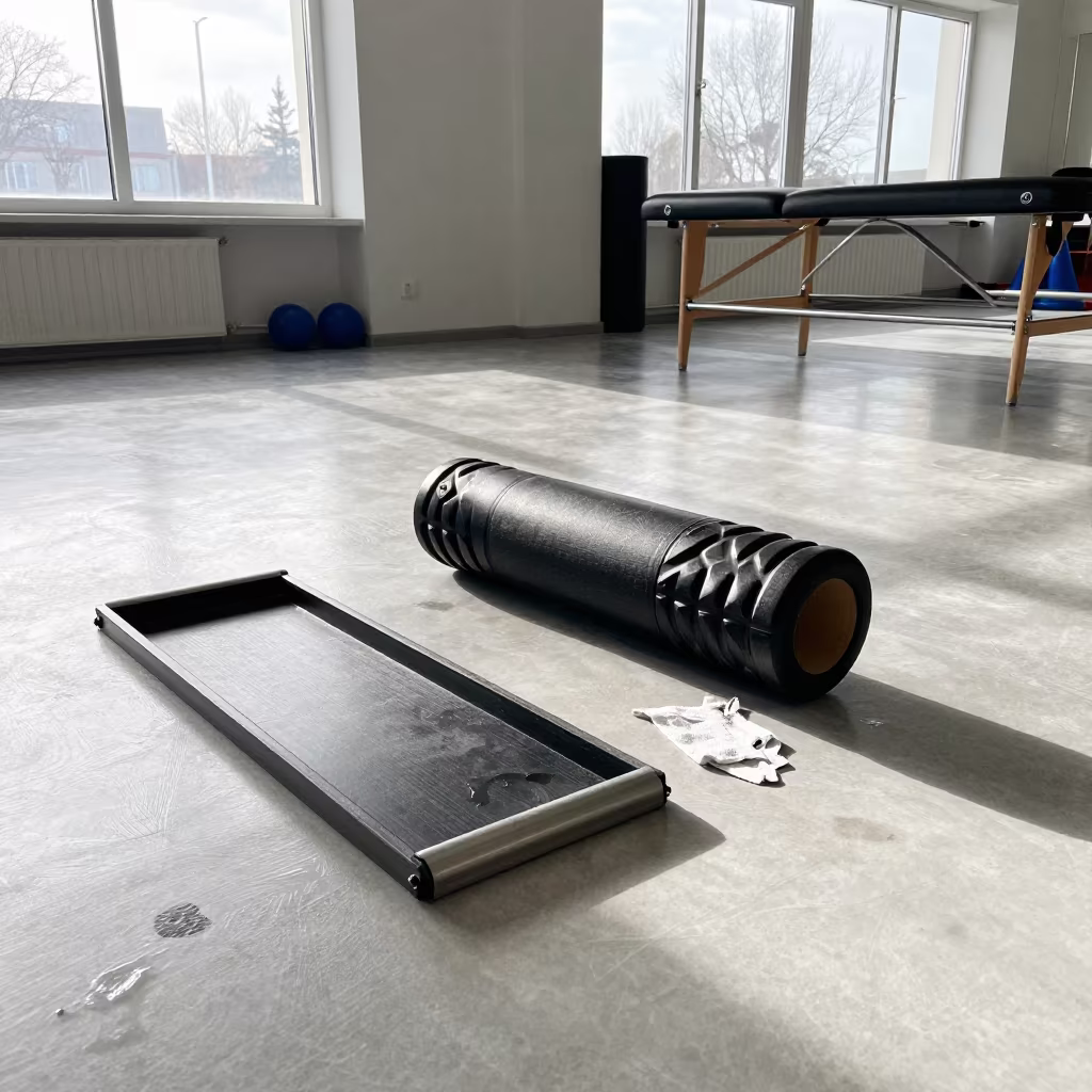 Lane Rope Ratchet Tray with Wet Footprints in inside a recovery lounge beside foam rollers in Bursa