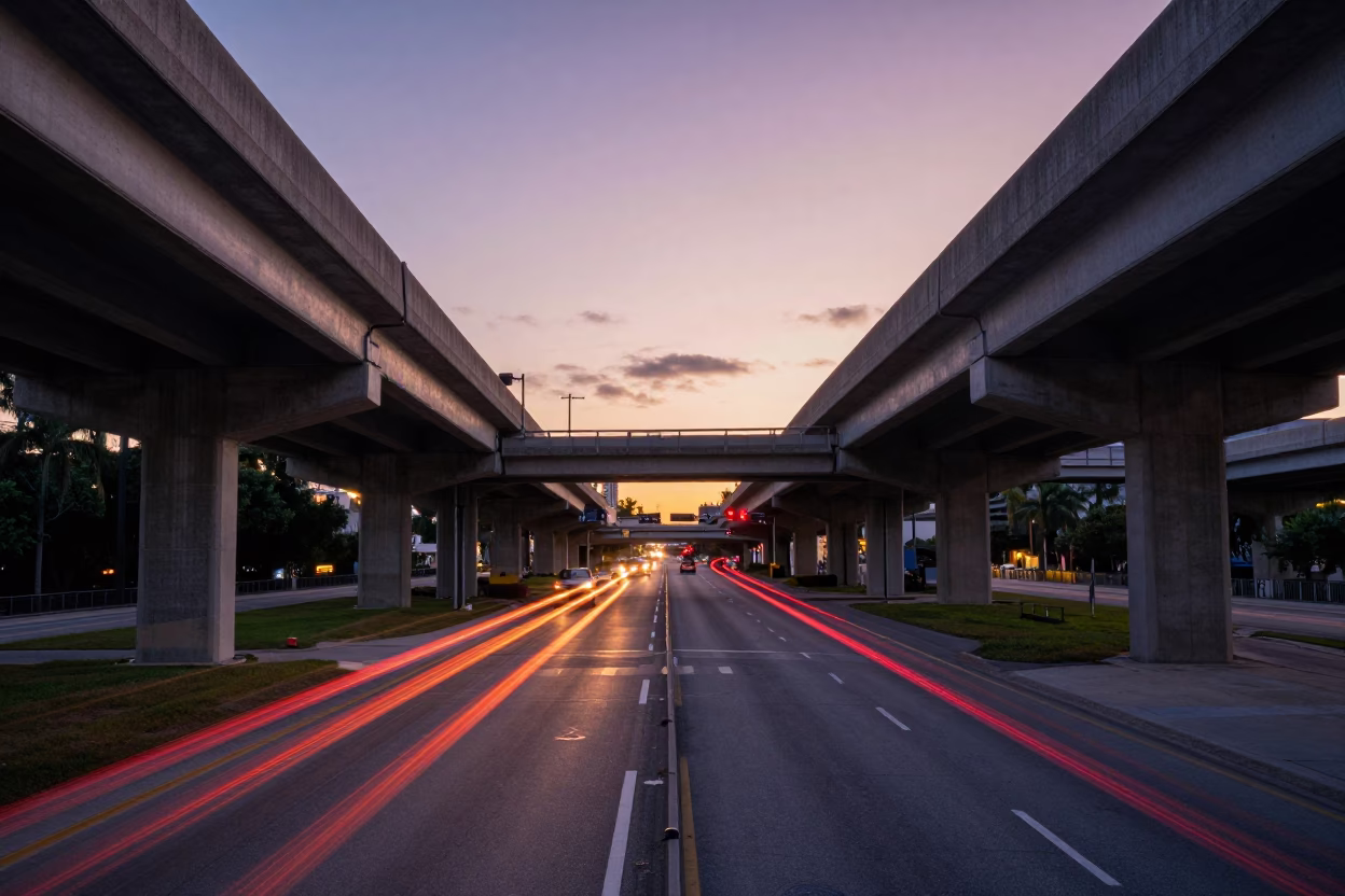Lane Split in Miami at As First Light Reaches The Scene in in Miami, Florida, United States