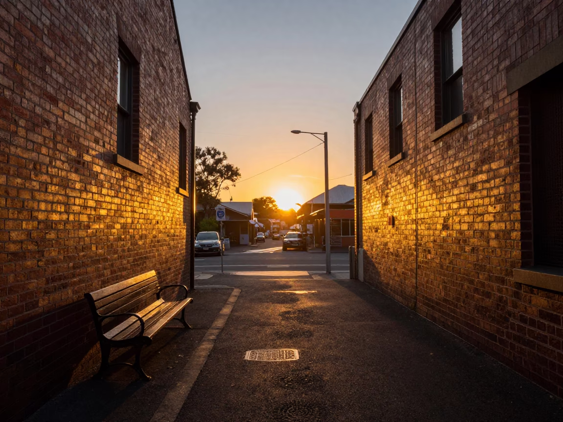 Laneway Sunset in Melbourne at As The Sun Drops Toward The Horizon in in Melbourne, Victoria, Australia