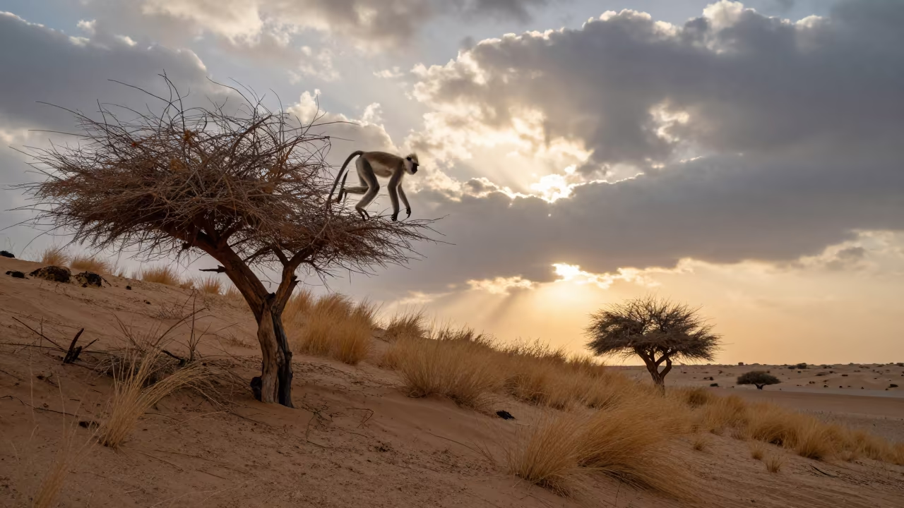 Langur Monkey Leaping Dawn Ridge Dubai in on a wind-scoured ridge near Al Fahidi, Dubai