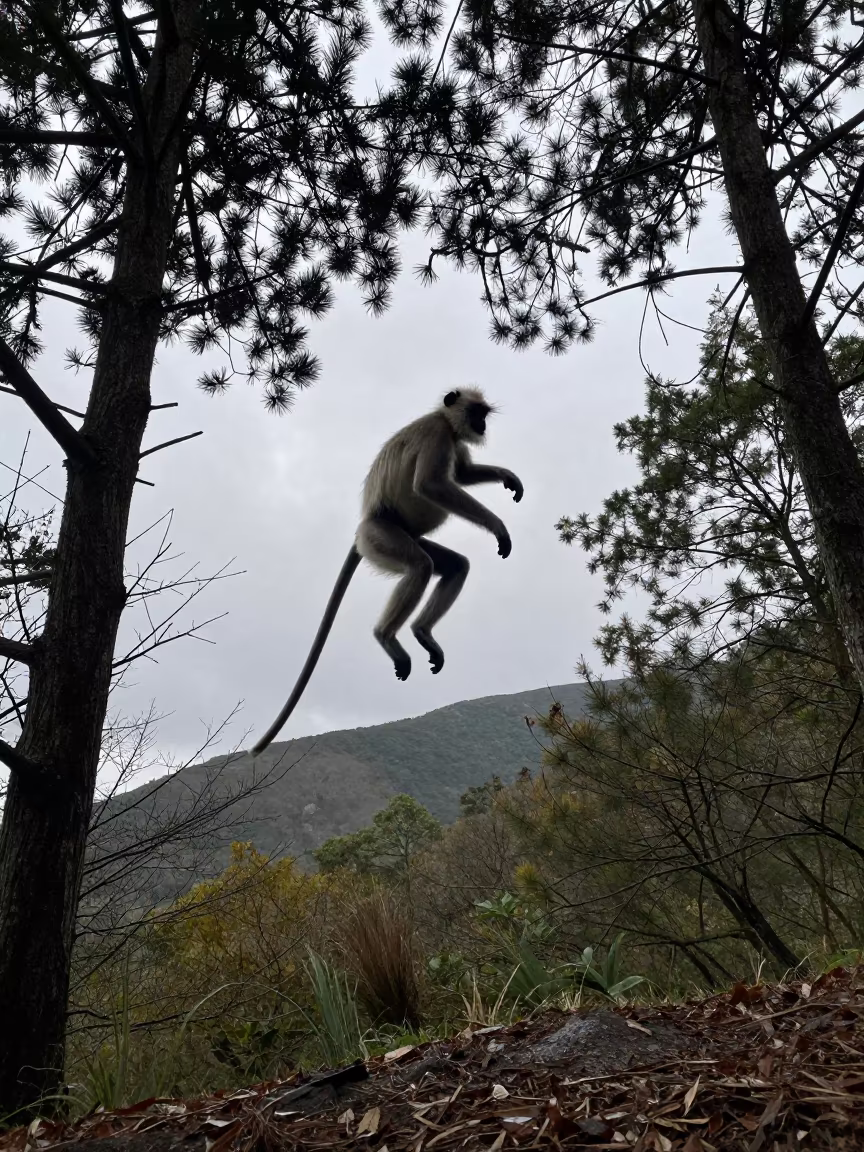 Langur Monkey Leaping Through Irish Mountain Trees in in Ireland