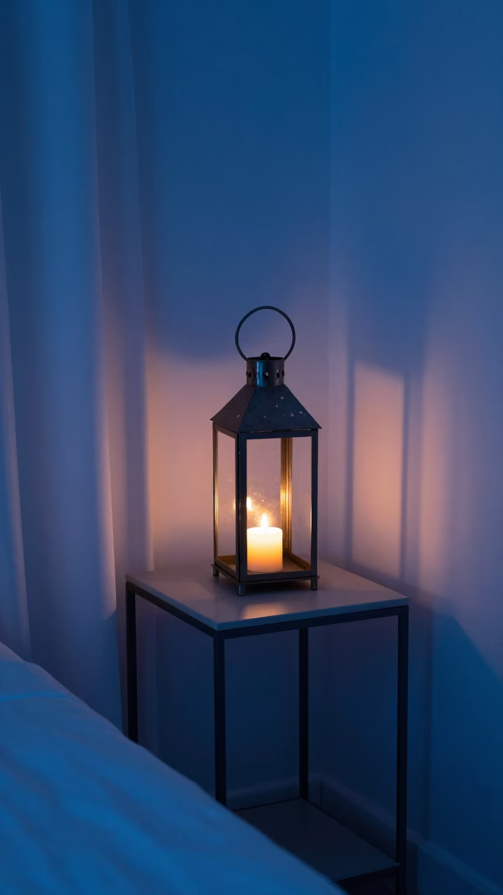 Lantern on Bedside Table at Blue Hour in Cancun in on a bedside table in Cancun