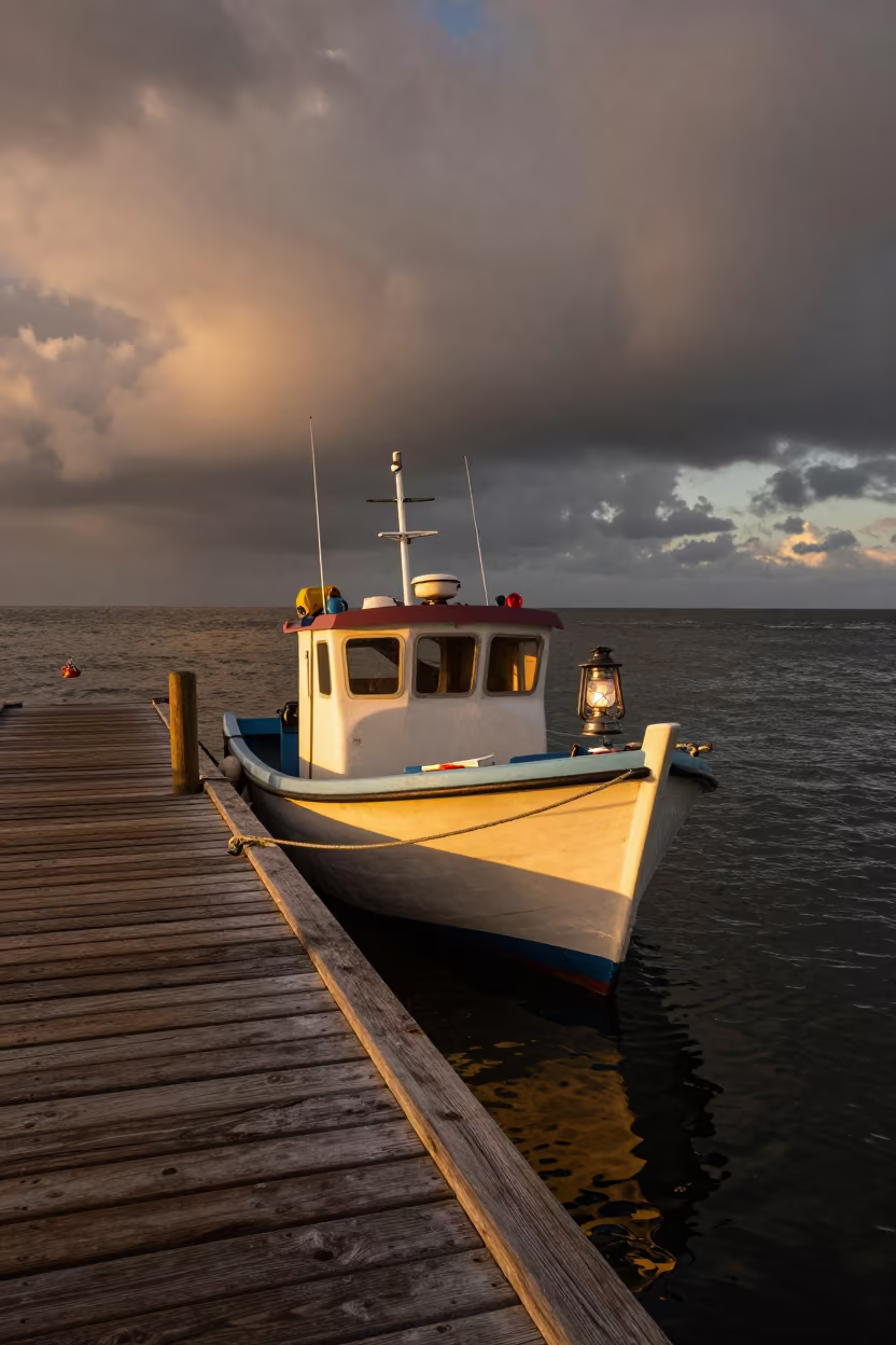 Lantern Boat Beside Muizenberg Jetty in beside a wooden harbor jetty near Muizenberg, Cape Town