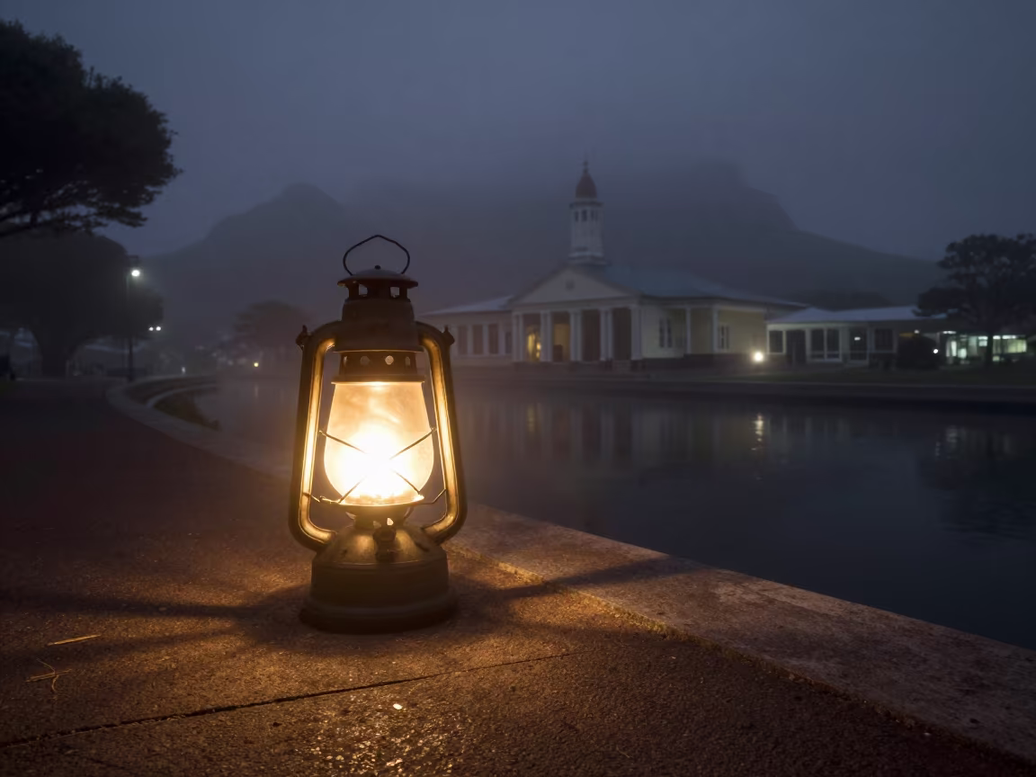 Lantern Glow on Foggy Canal Towpath at Night in in a prayer hall in Green Point, Cape Town