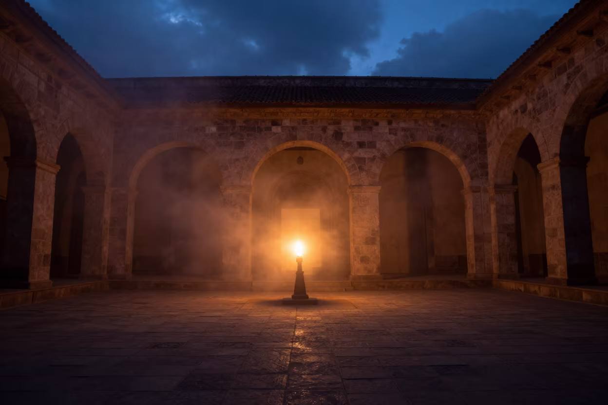 Lantern Glow in Foggy Lubumbashi Hall in in a ceremonial hall in Lubumbashi
