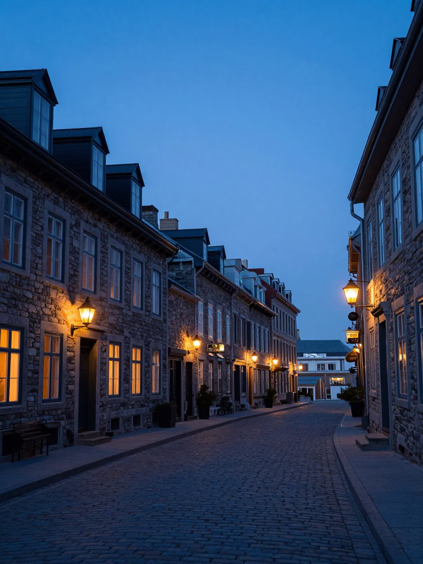 Lantern Glow in Quebec City at Indigo Twilight After Sunset in in Quebec City, Quebec, Canada