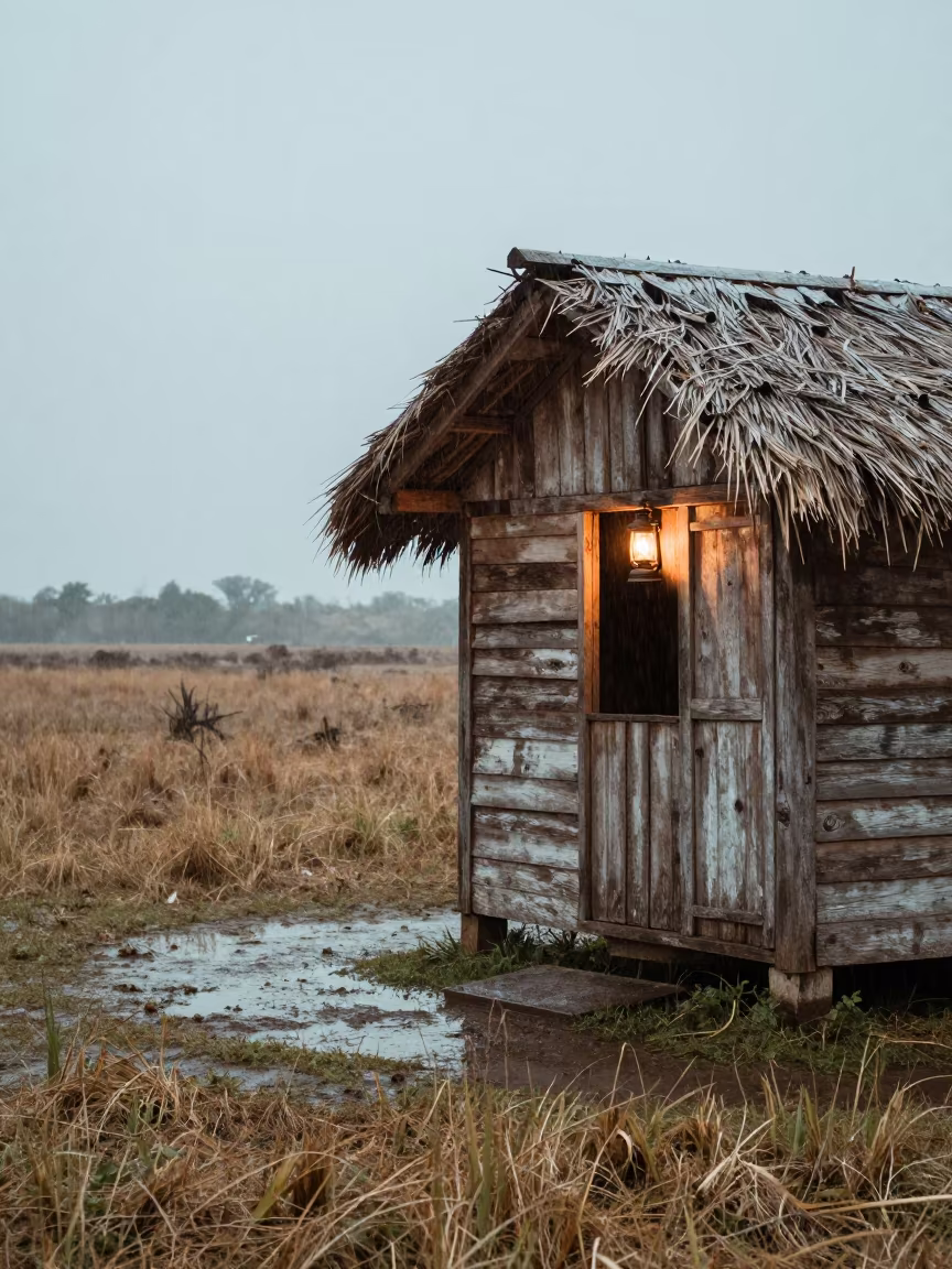 Lantern Glow in Shepherd Hut Under Sleet in near open fields near Matanzas