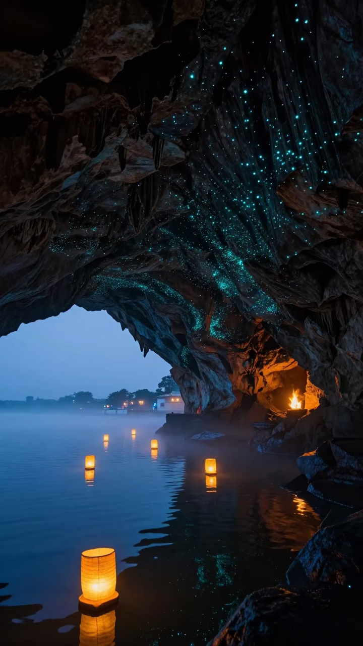 Lantern Harbor Glowworms in Chandigarh Twilight in beside a lantern-dotted harbor near Chandigarh