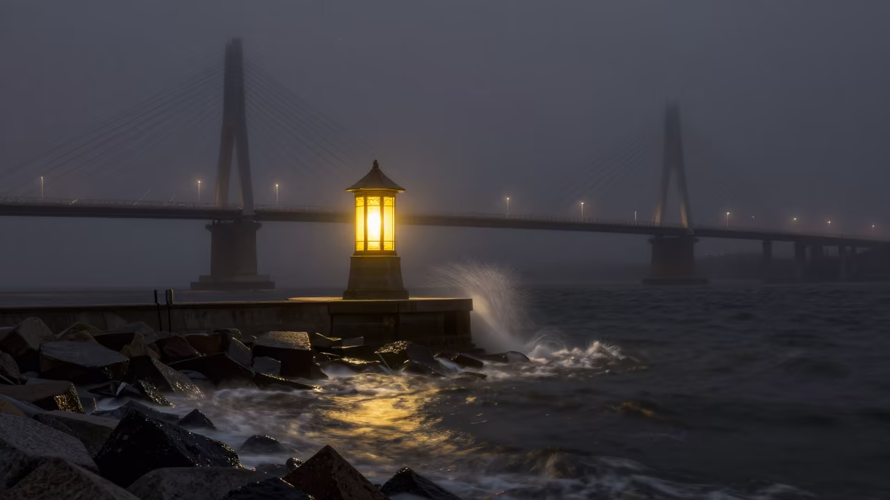 Lantern House Above Chelmsford Waves at Night in under a cable-stayed bridge span near Chelmsford