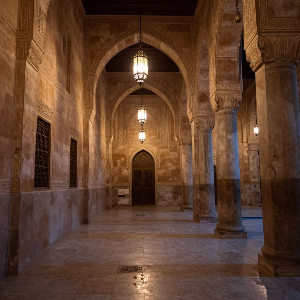 Lantern Light on Cairo Monastery Corridor in along a monastery corridor in Islamic Cairo, Cairo
