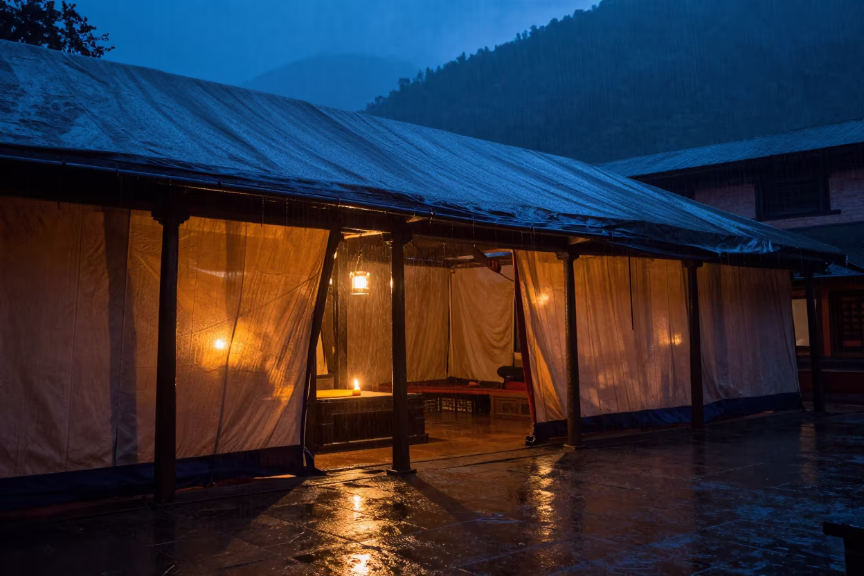 Lantern Light in Patan Tent During Mountain Rain in in a ceremonial hall in Patan, Kathmandu
