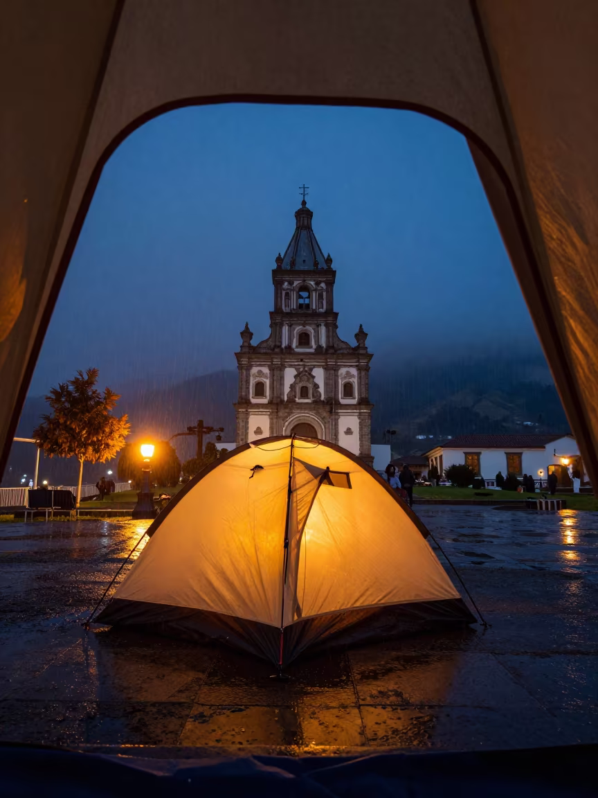 Lantern Light Spilling from Tent in Mountain Rain in in a shrine lined with lanterns near Quito