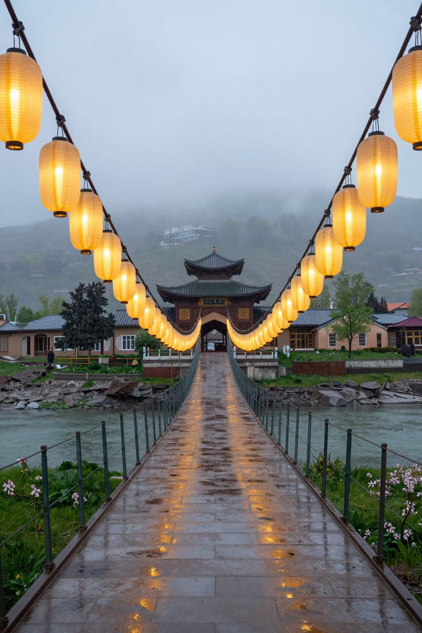 Lantern-Lined Bridge Vanishing Into Clouds in in a lantern-lined temple precinct near Ankara