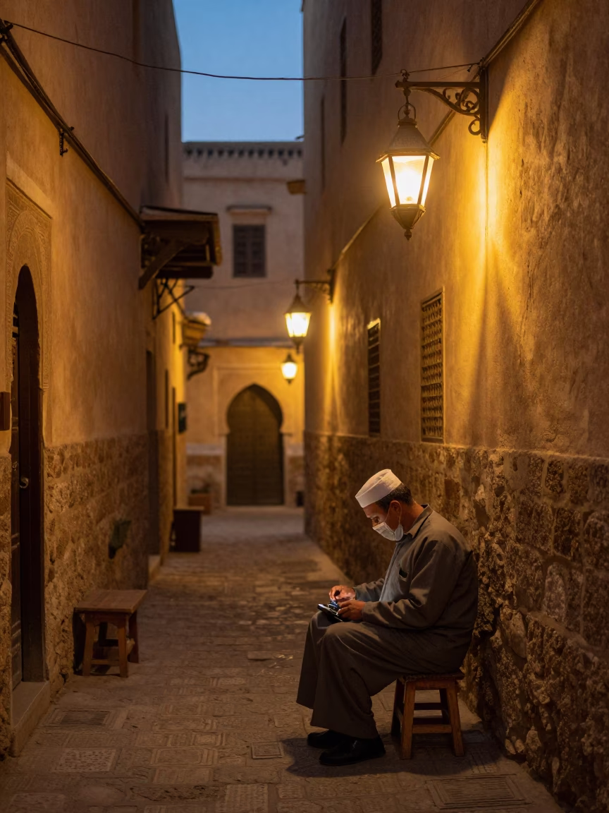 Lantern-lit Alley in Fez at The Still Hours Before Dawn Light in in Fez, Morocco