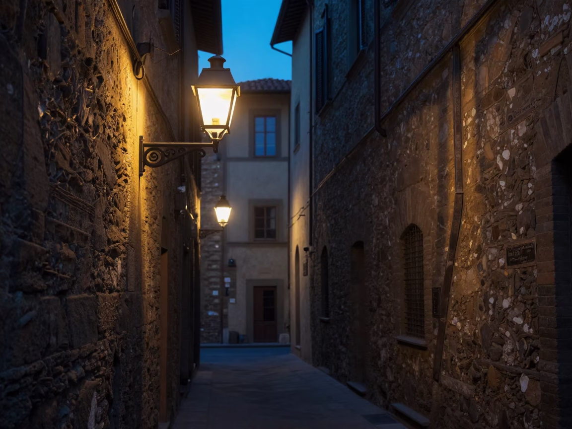 Lantern-lit Alley in Florence at Sunrise Light in in Florence, Italy