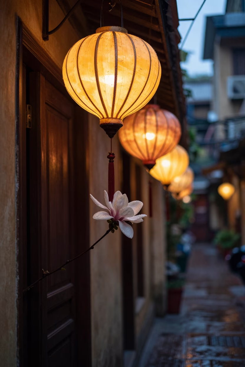 Lantern-lit Alley in Hanoi at Sunrise Light in in Hanoi, Vietnam