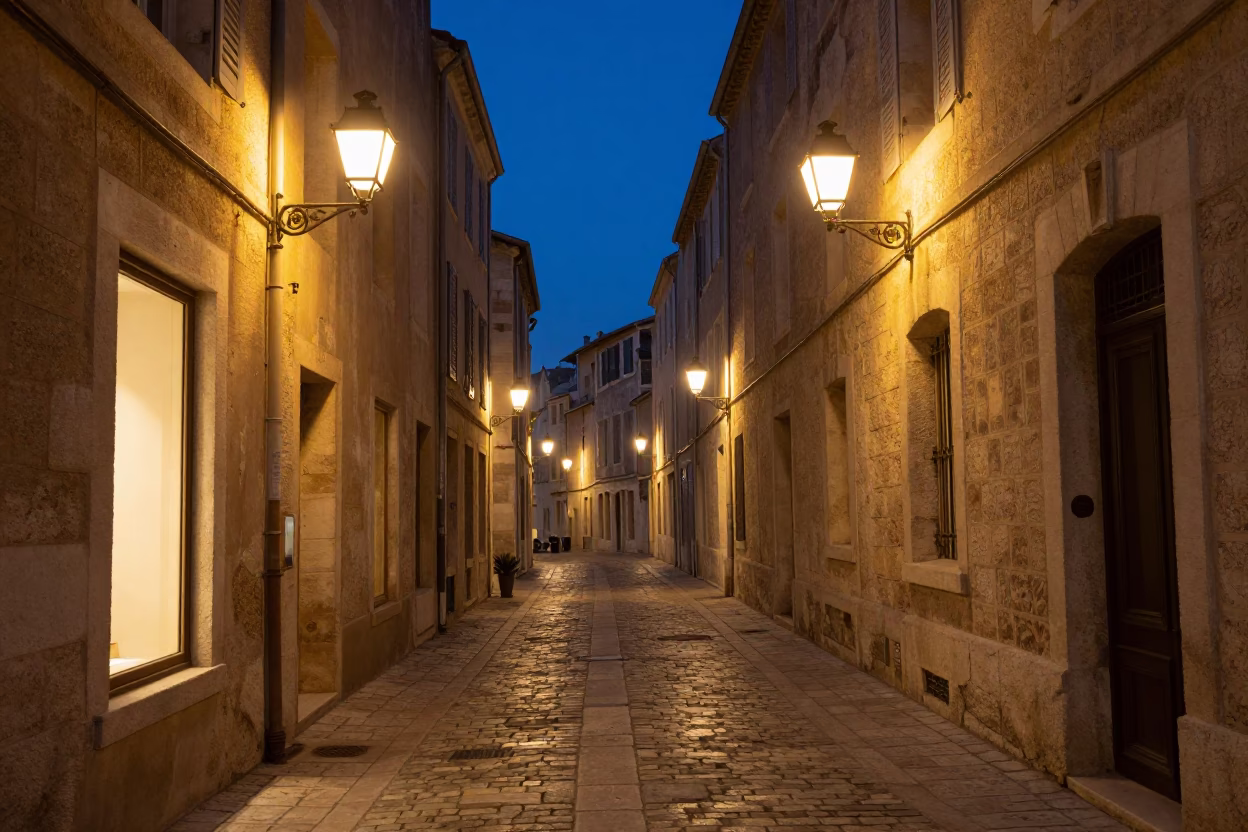 Lantern-Lit Alley in Marseille at Indigo Twilight After Sunset in in Marseille, France