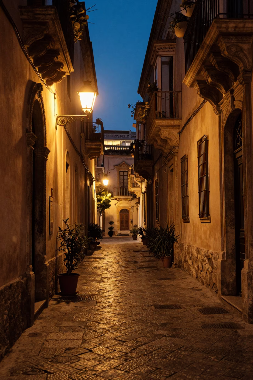 Lantern-lit Alley in Palermo at As City Lights Begin To Glow in in Palermo, Italy