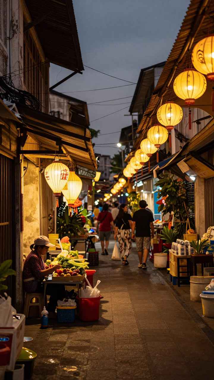 Lantern-lit Alley in Phuket at As City Lights Begin To Glow in in Phuket, Thailand
