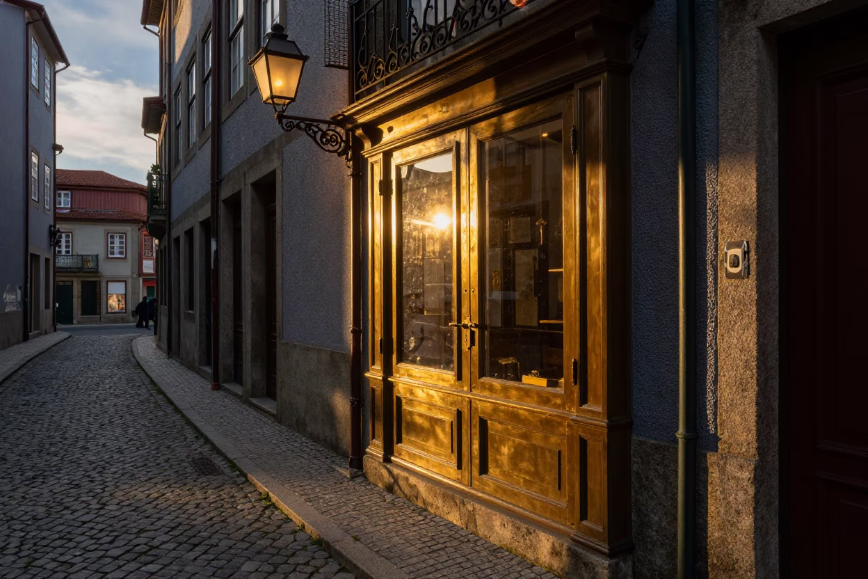 Lantern-lit Alley in Porto at Clear Late-afternoon Light in in Porto, Portugal