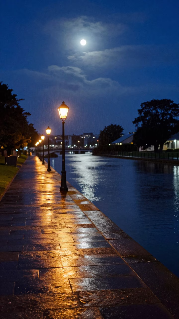 Lantern-lit Canal Path Blue Midnight Salt Spray in beside a lantern-dotted harbor near Devonport, Auckland