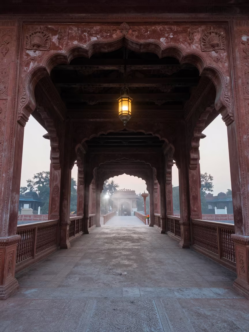Lantern Lit Covered Bridge in Bikaner Winter Hall in in a ceremonial hall in Bikaner