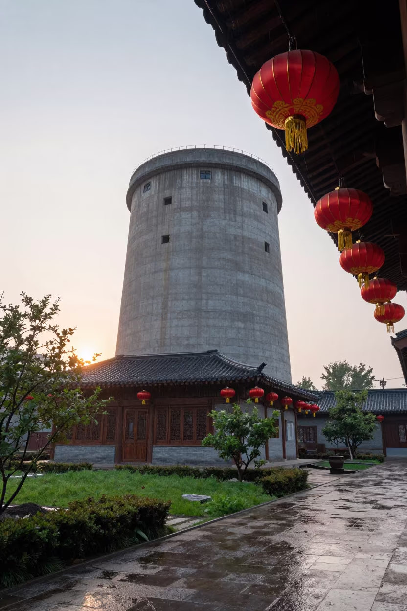 Lantern Lit Water Tower House at Dawn in in a lantern-lined temple precinct in Liaoning