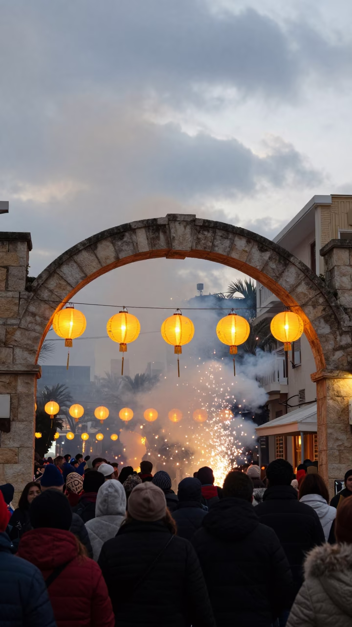 Lantern Procession Under Smoke Ramat Gan in at a festival street procession in Ramat Gan